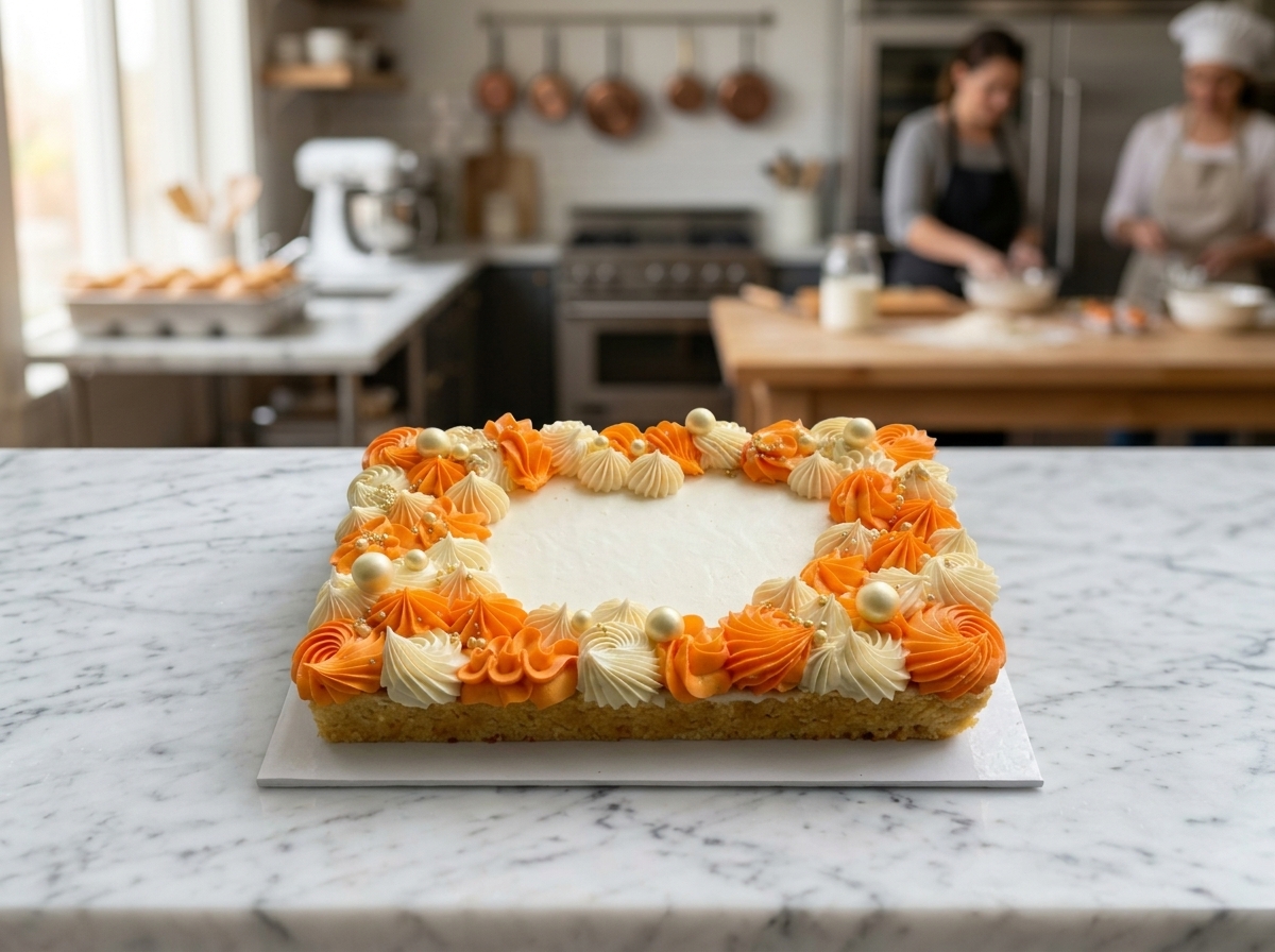 Tarta rectangular decorada con marco barroco de boquillas y perlas