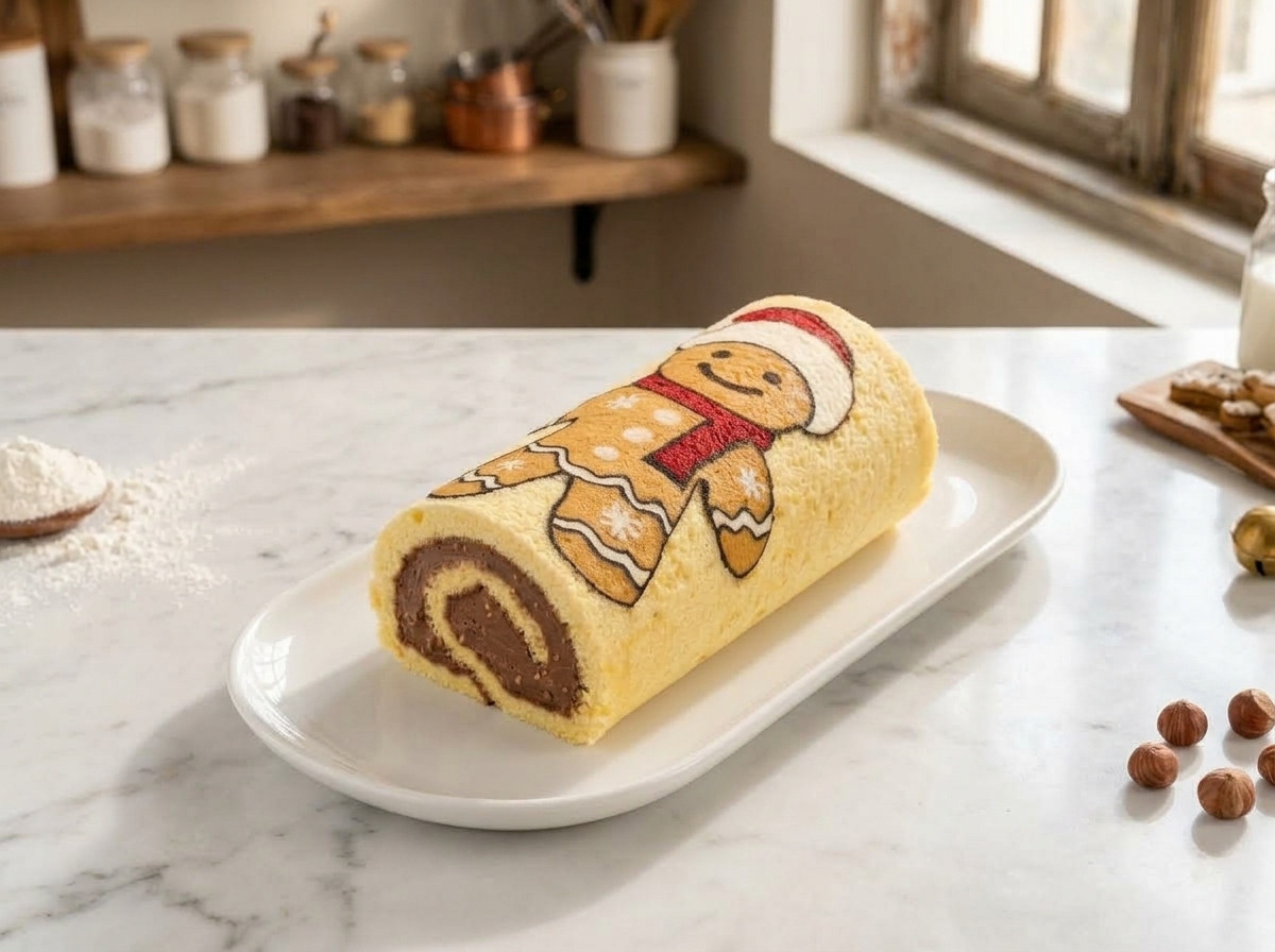 Brazo de gitano deco roll cake japonés con muñeco de jengibre estampado