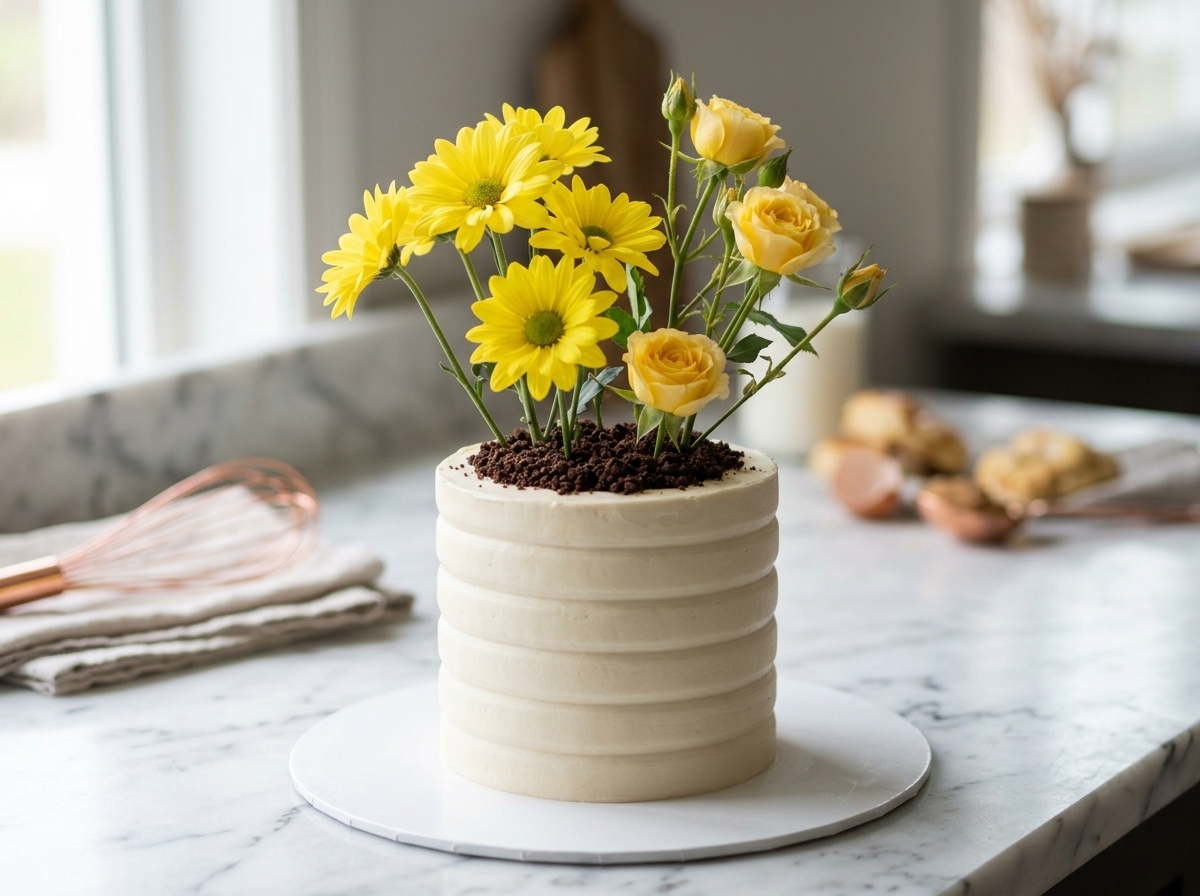 Tarta decorada con flores amarillas y hojas de eucalipto en obrador