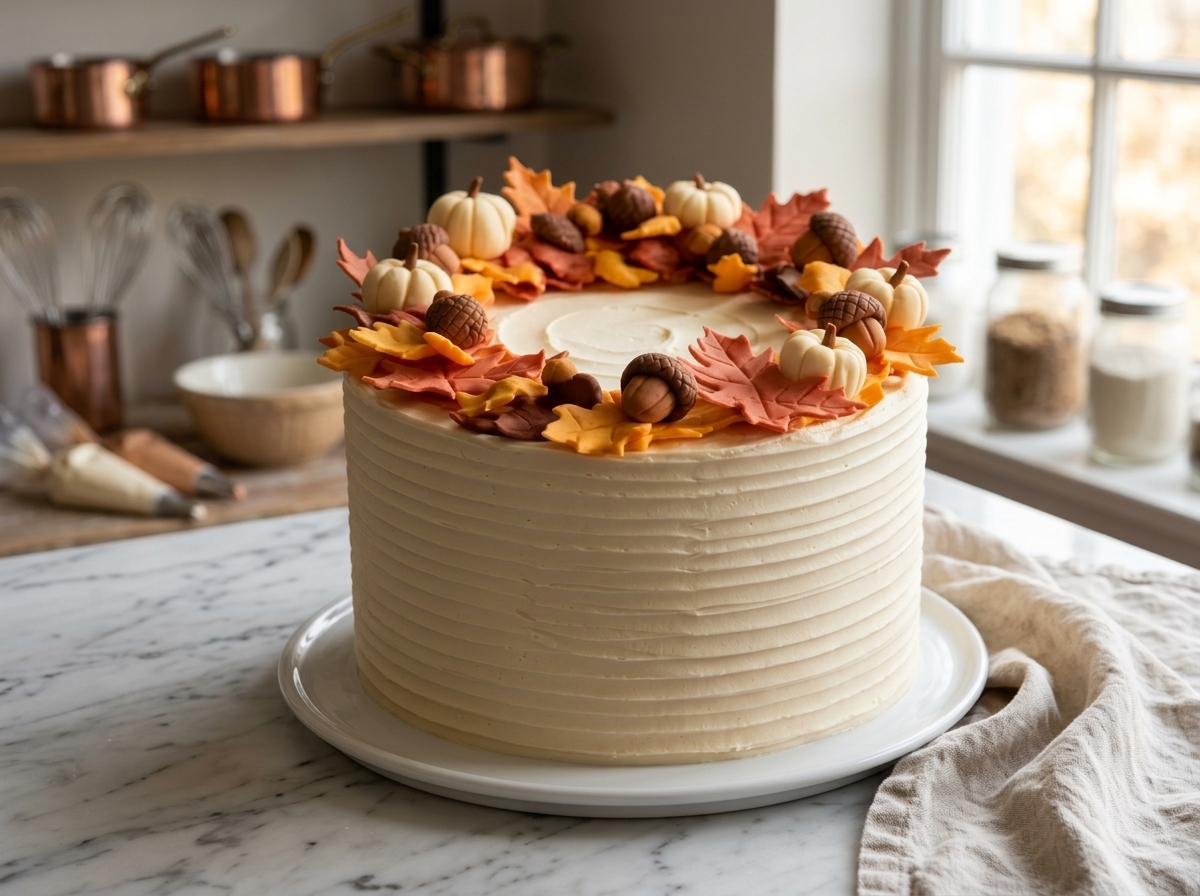 Tarta otoñal de autor con corona de hojas, bellotas y calabazas